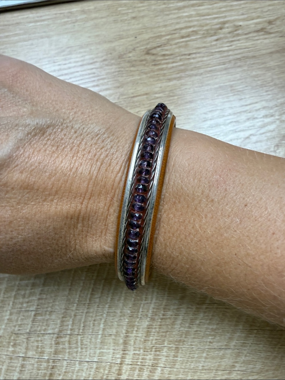 Charlie Favour Handcrafted Amethyst, Leather and Sterling Cuff - artist stamped